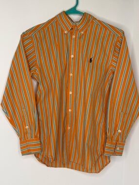 Ralph Lauren Youth Boys Size M(10-12) Long Sleeve Button Up Stripes Orange/Green